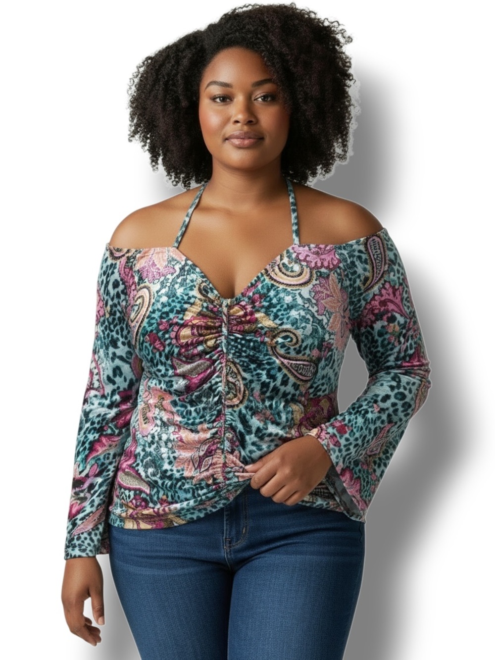 Venus Women’s Plus Long Bell Sleeve Cold Shoulder Ruched Blouse Multicolor 1X